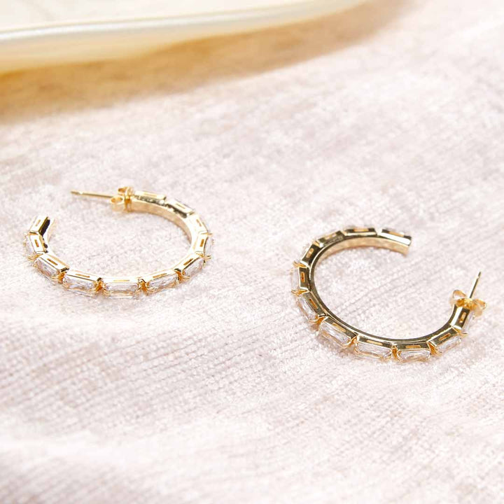 18K Gold Filled Crystal Hoop Earrings Large Flat