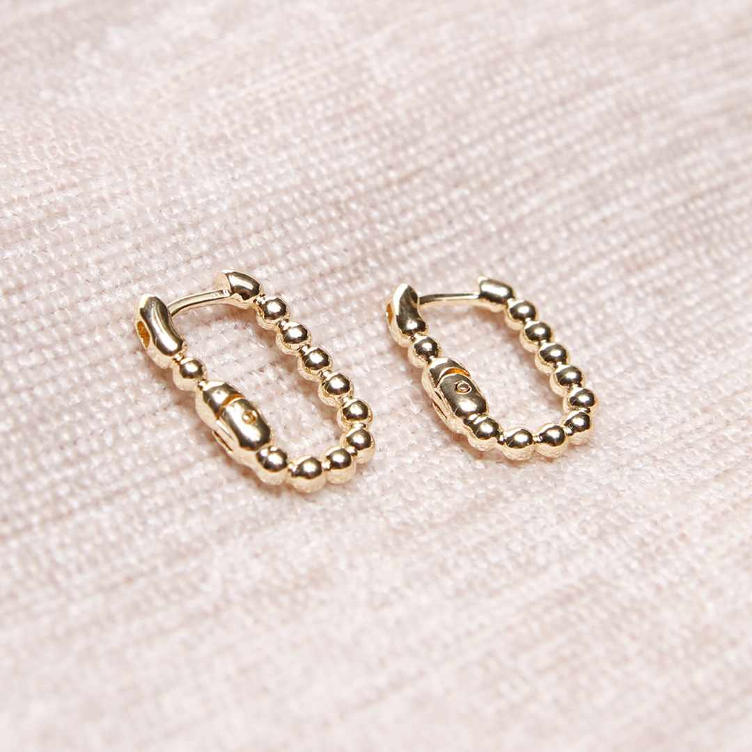 18K Gold Filled Pebble Beaded Rectangular Hoop Earrings for Women-Hoops Top View