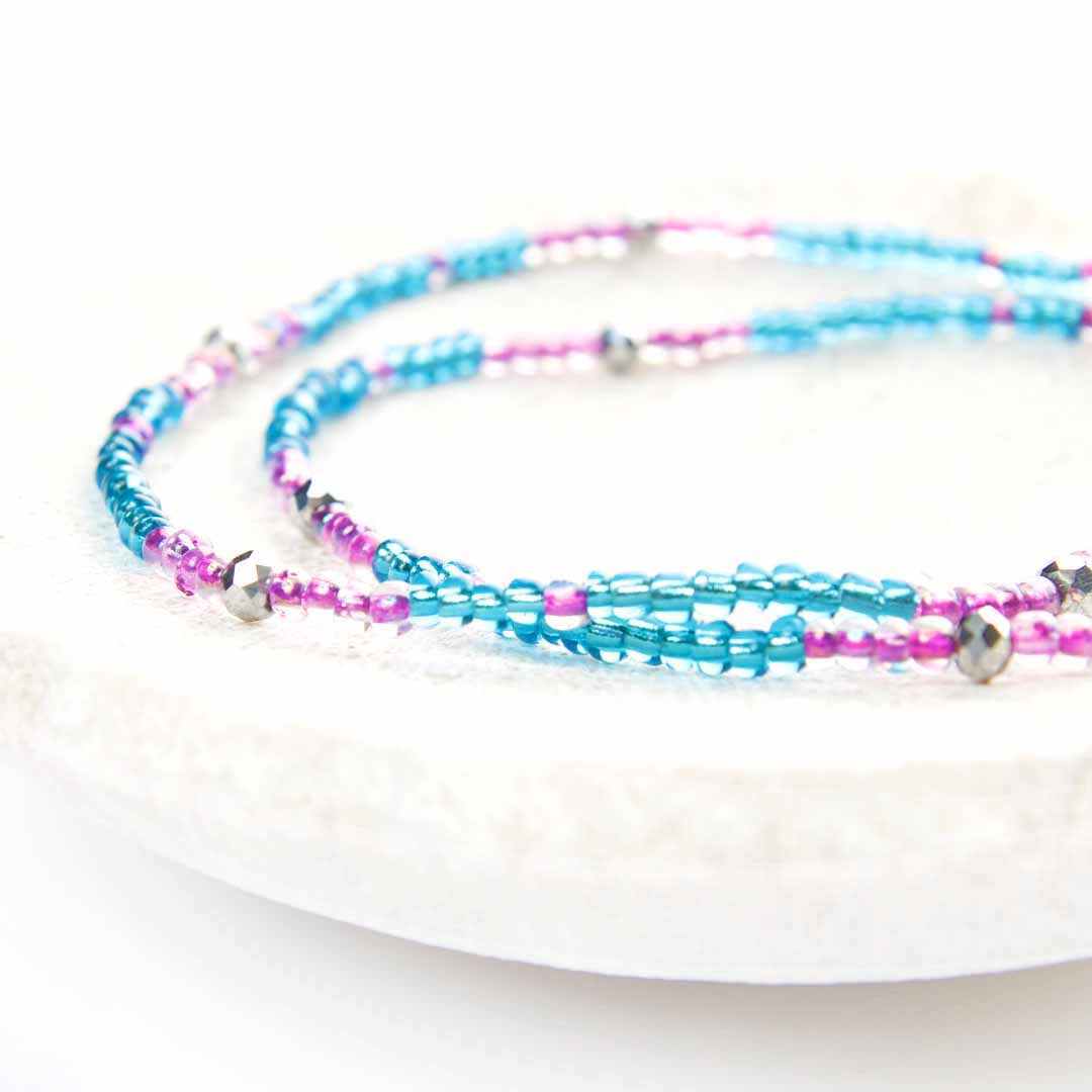 Blue Lavender Lagoon Beaded Ankle Bracelet - Handmade Artisan Jewelry - Close Up - Cana Capri