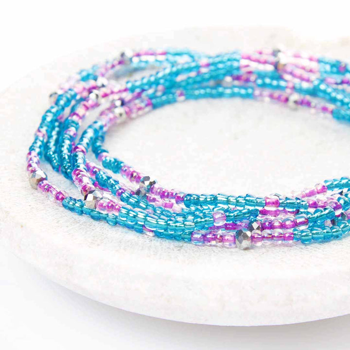Blue Lavender Lagoon Beaded Ankle Bracelet - Handmade Artisan Jewelry - Close Up Stack - Cana Capri