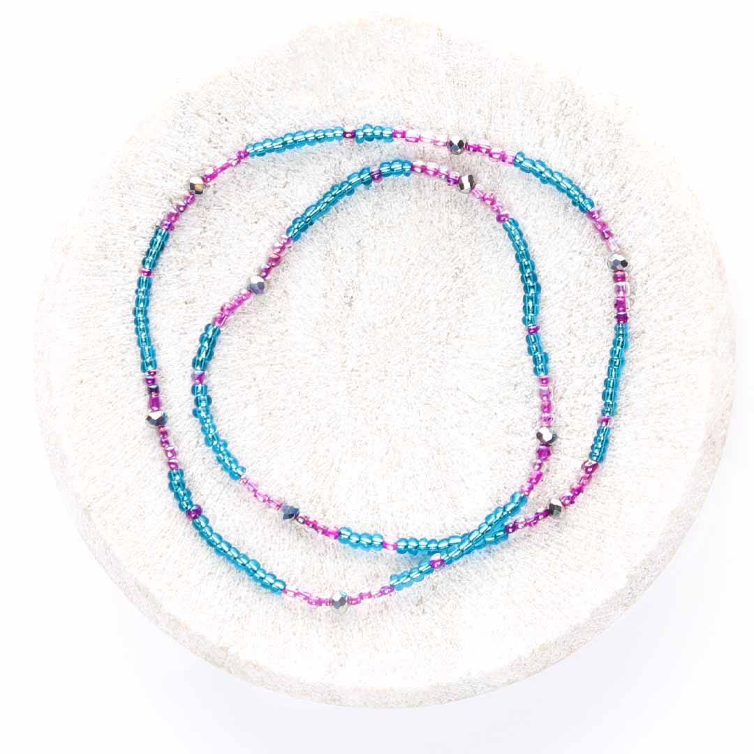Blue Lavender Lagoon Beaded Ankle Bracelet - Handmade Artisan Jewelry - Top View - Cana Capri