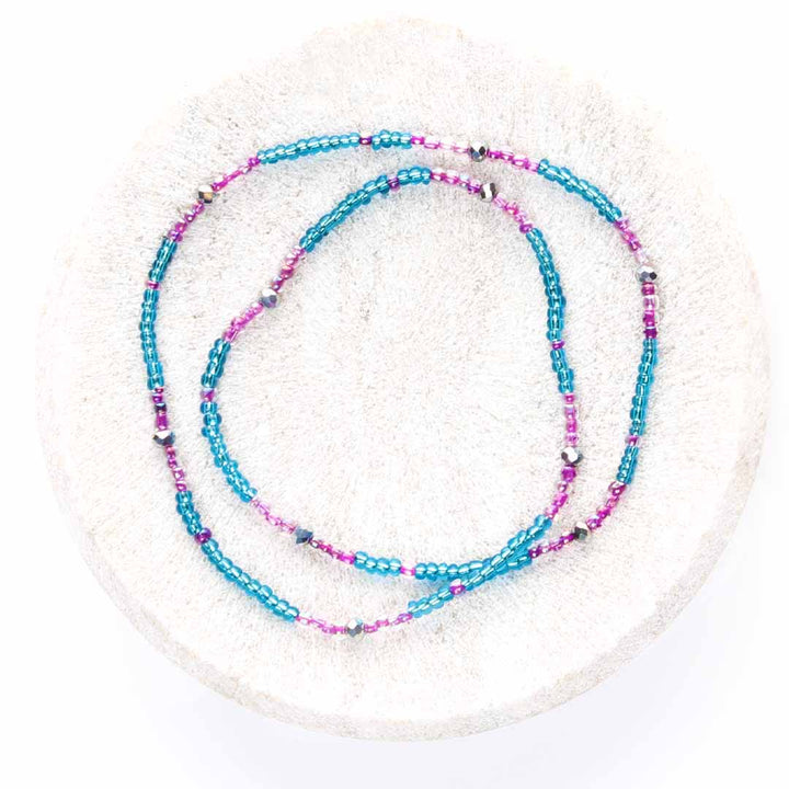 Blue Lavender Lagoon Beaded Ankle Bracelet - Handmade Artisan Jewelry - Top View - Cana Capri