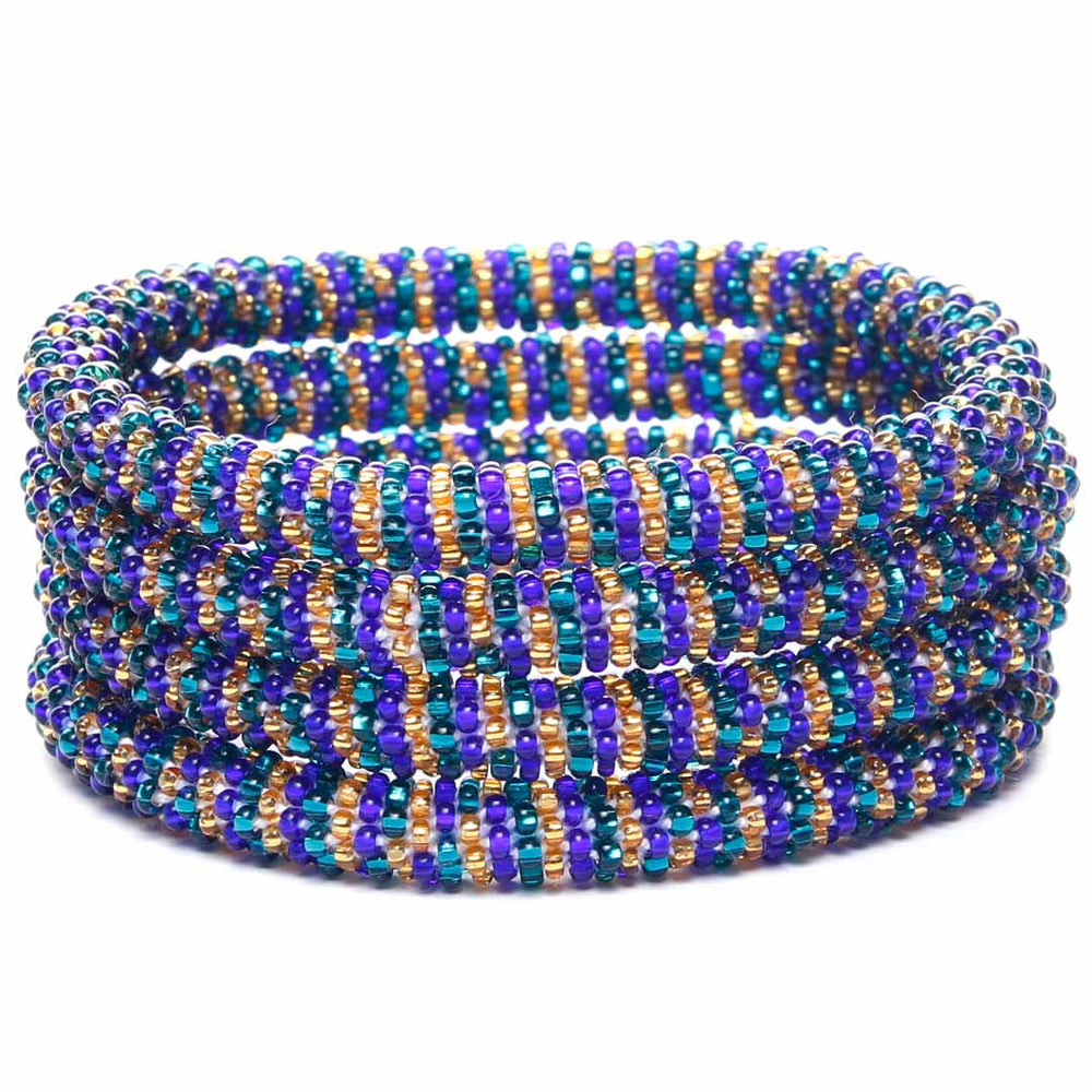 Blueberry and Teal Honey Stripe Beaded Bracelet Stack