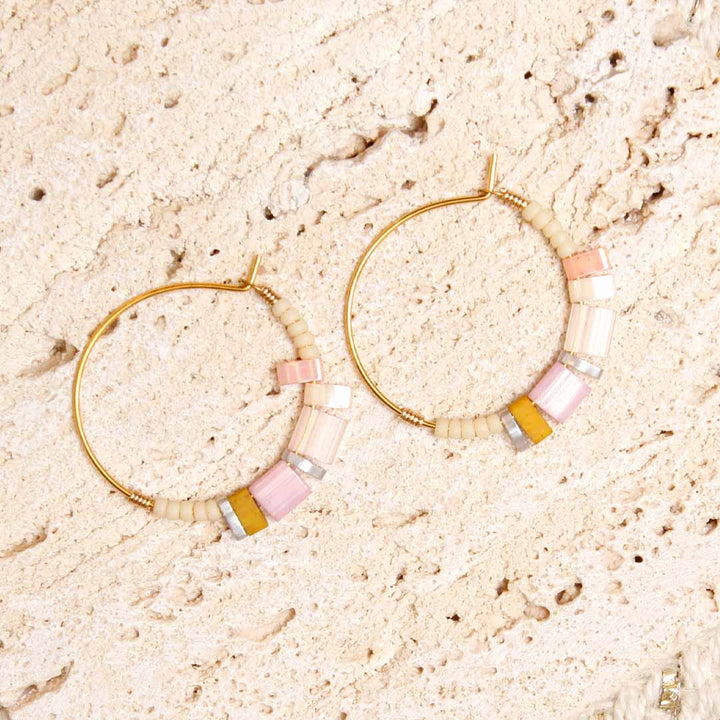 Blush Petal Dainty Beaded Hoop Earrings - Handmade Artisan Jewelry