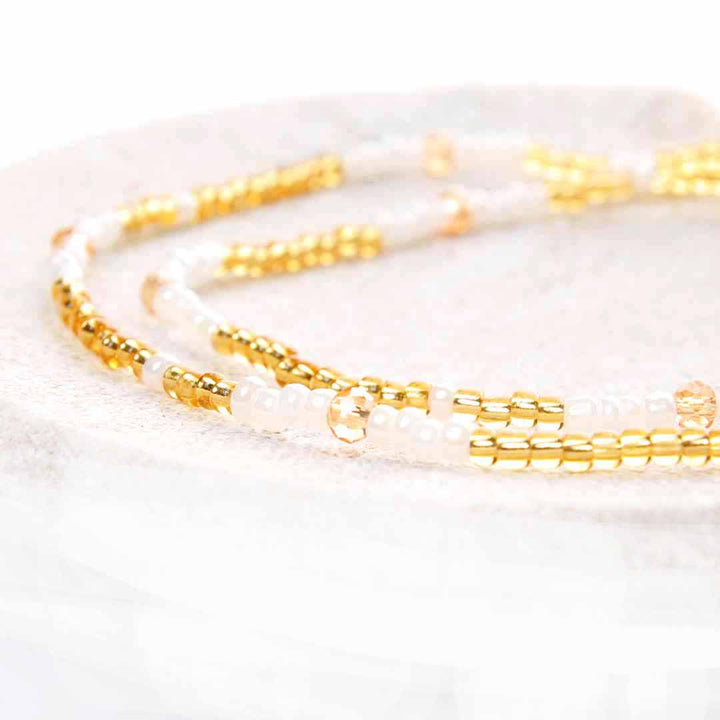 Champagne and Pearls Beaded Ankle Bracelet - Handmade Artisan Jewelry - close up - Cana Capri
