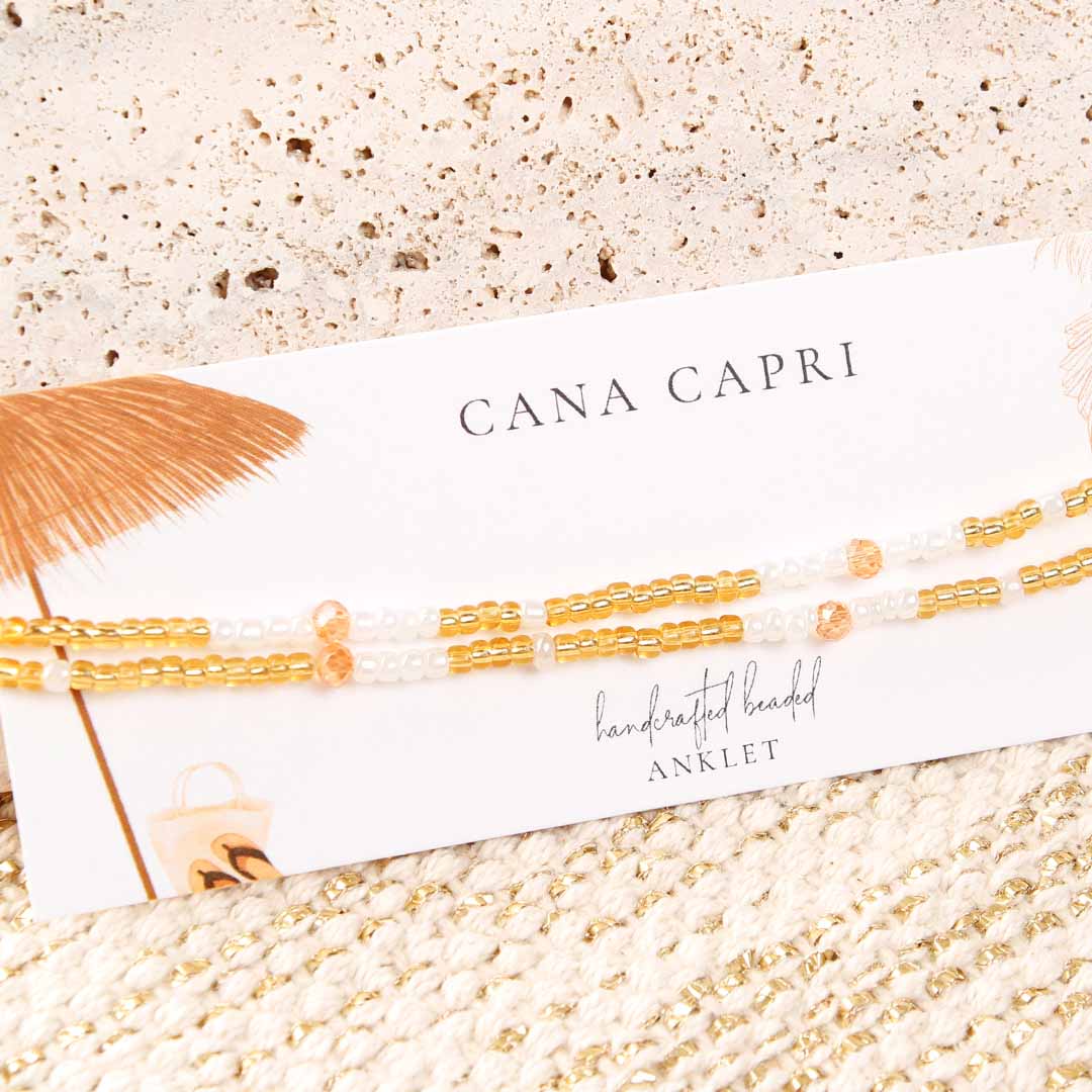 Champagne and Pearls Beaded Ankle Bracelet - Handmade Artisan Jewelry - Packaging- Cana Capri