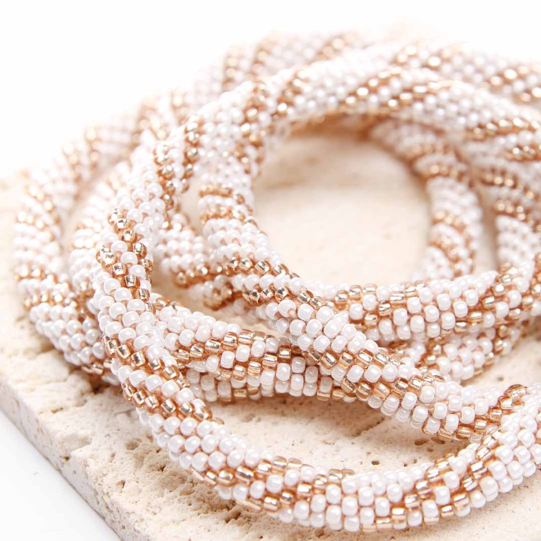 Champagne & Pearl Twist Bracelet - Handmade Seed Bead Jewelry - Close Up