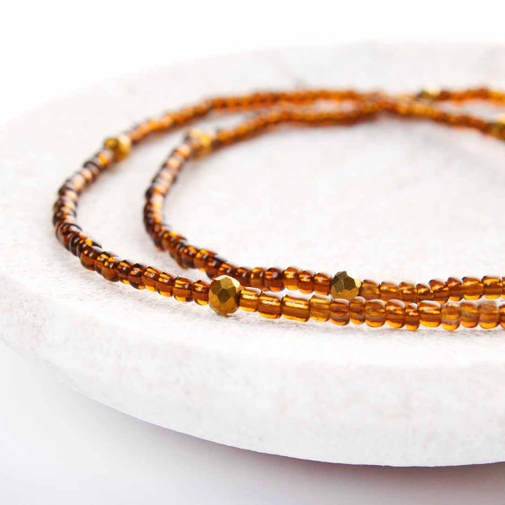 Cinnamon Shimmer Beaded Ankle Bracelet - Handmade Artisan Jewelry - Close Up - Cana Capri