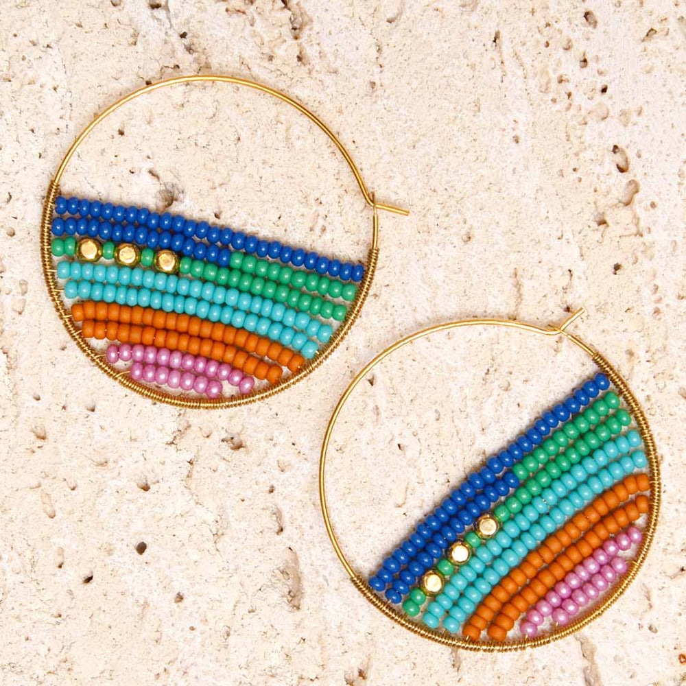 Coral Reef Bloom Beaded Hoop Earrings - Handmade Artisan Jewelry