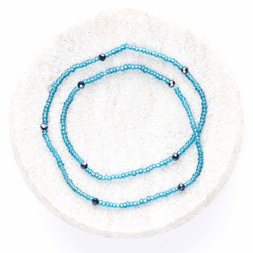 Crystal Blue Caviar Beaded Ankle Bracelet - Handmade Artisan Jewelry - Top View - Cana Capri1