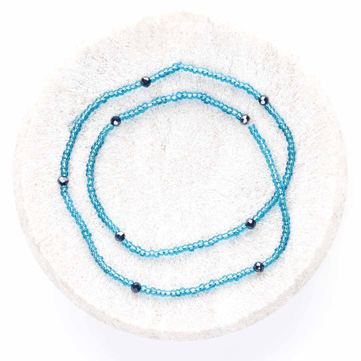 Crystal Blue Caviar Beaded Ankle Bracelet - Handmade Artisan Jewelry - Top View - Cana Capri1