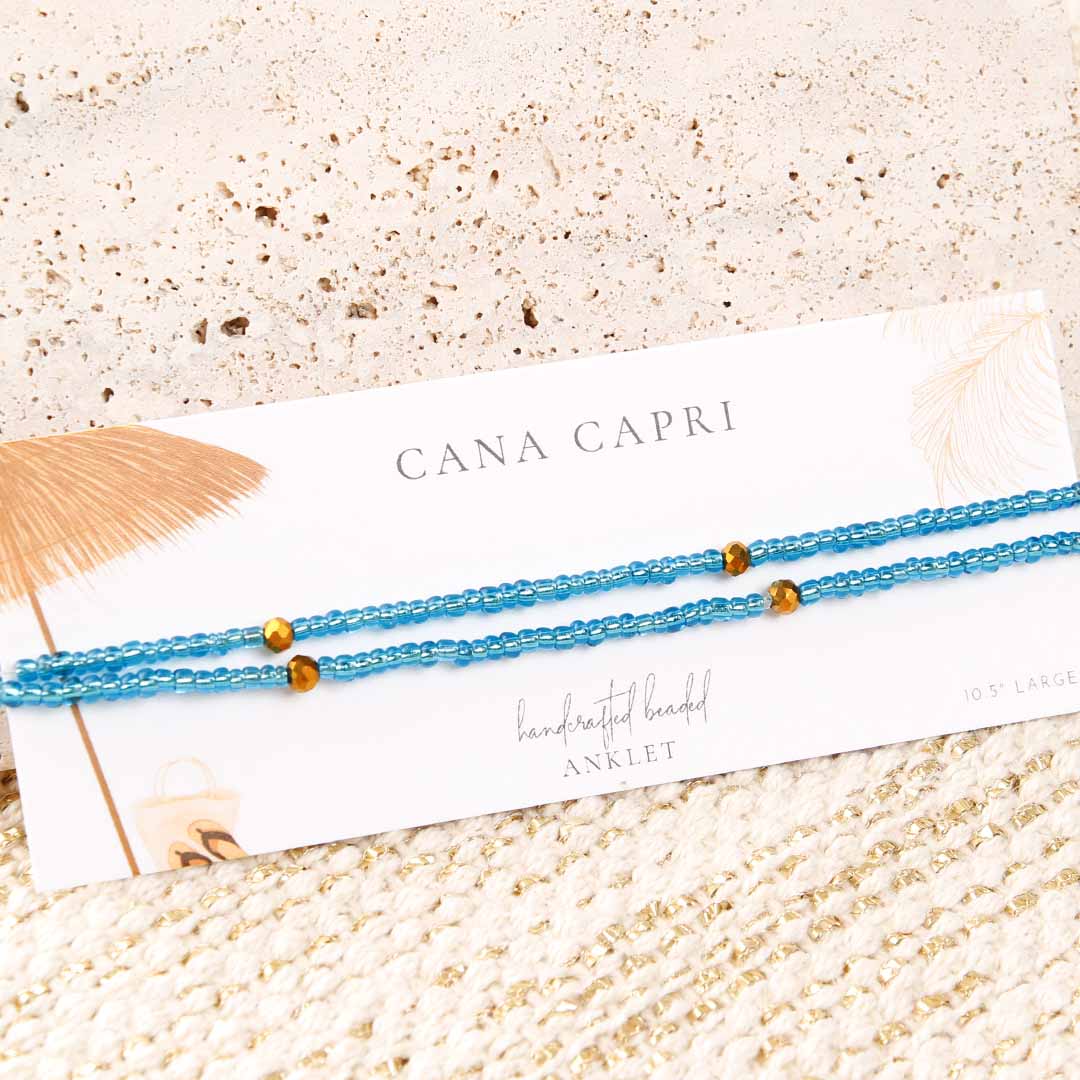 Crystal Blue Sunset Beaded Ankle Bracelet - Handmade Artisan Jewelry - Packaging- Cana Capri