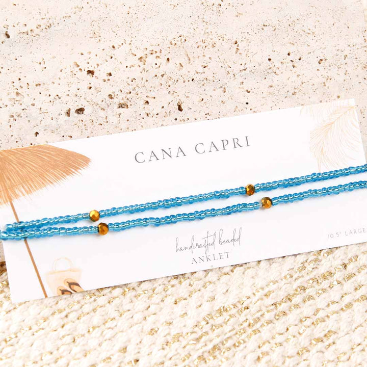 Crystal Blue Sunset Beaded Ankle Bracelet - Handmade Artisan Jewelry - Packaging- Cana Capri
