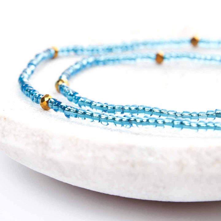 Crystal Blue Sunset Beaded Ankle Bracelet - Handmade Artisan Jewelry - Close Up - Cana Capri
