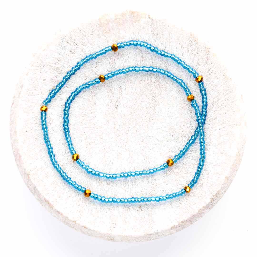 Crystal Blue Sunset Beaded Ankle Bracelet - Handmade Artisan Jewelry - Top View - Cana Capri