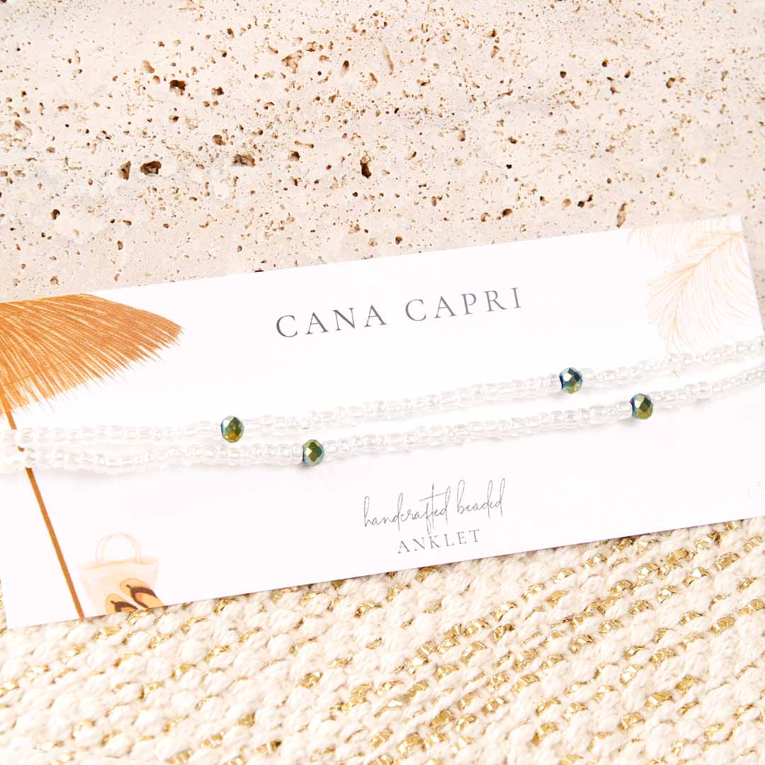 Crystal Sea Sparkles Beaded Ankle Bracelet - Handmade Artisan Jewelry - Close Up Detail - Cana Capri