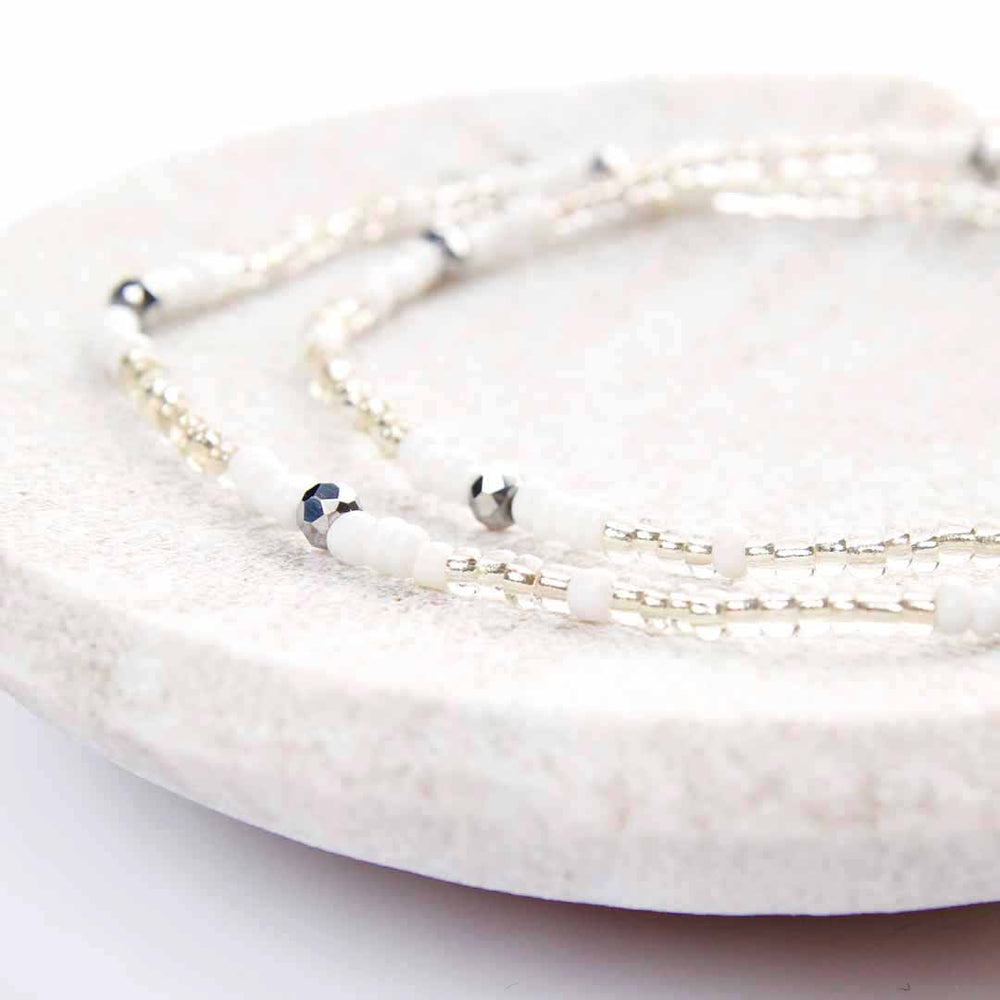 Crystal Snow Beaded Ankle Bracelet - Handmade Artisan Jewelry - Close Up - Cana Capri