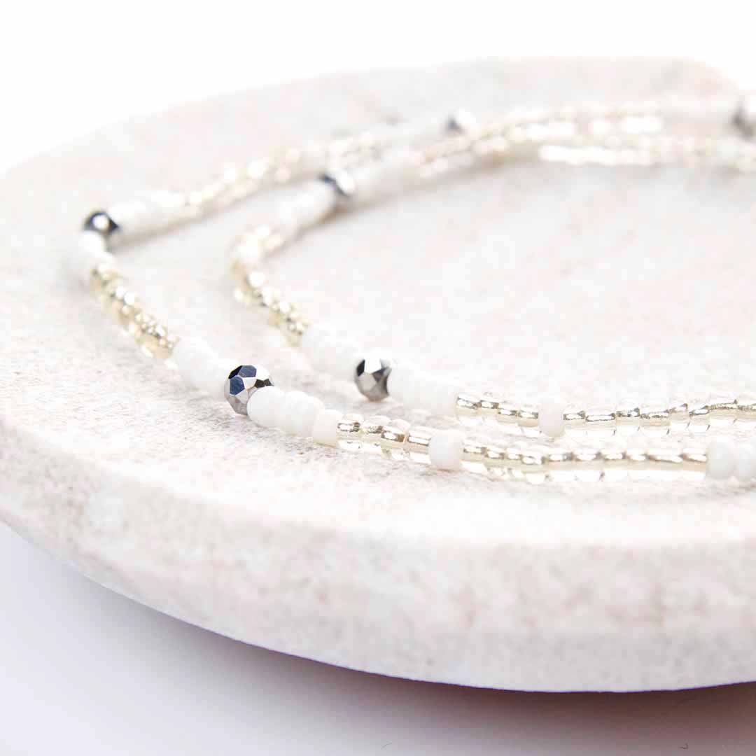 Crystal Snow Beaded Ankle Bracelet - Handmade Artisan Jewelry - Close Up - Cana Capri