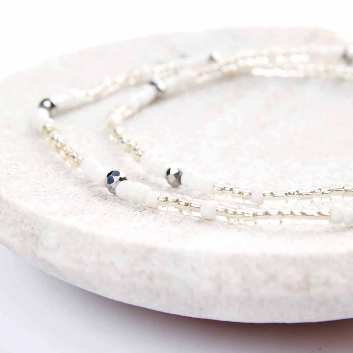 Crystal Snow Beaded Ankle Bracelet - Handmade Artisan Jewelry - Close Up - Cana Capri