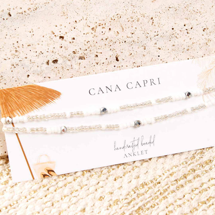 Crystal Snow Beaded Ankle Bracelet - Handmade Artisan Jewelry - Packaging - Cana Capri