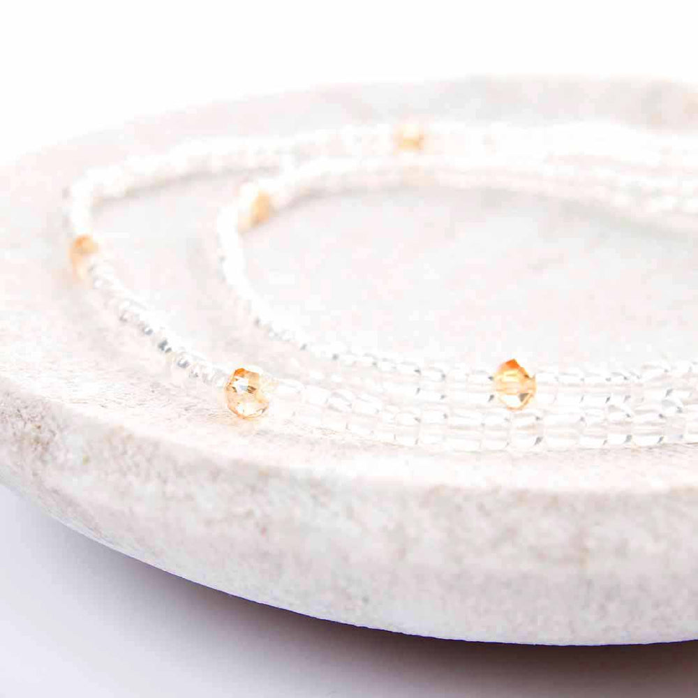 Crystal and Peach Shimmer Beaded Ankle Bracelet - Handmade Artisan Jewelry - Close Up - Cana Capri