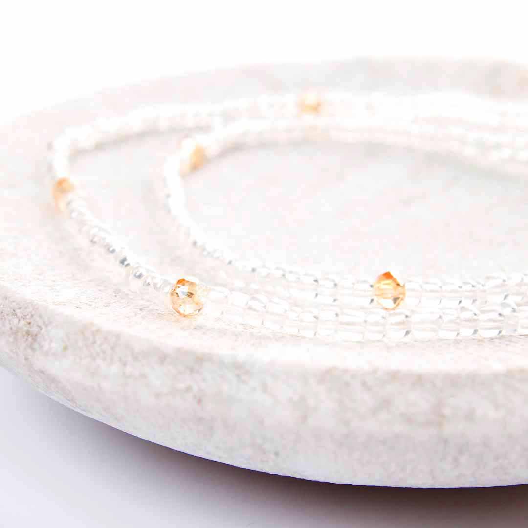 Crystal and Peach Shimmer Beaded Ankle Bracelet - Handmade Artisan Jewelry - Close Up - Cana Capri