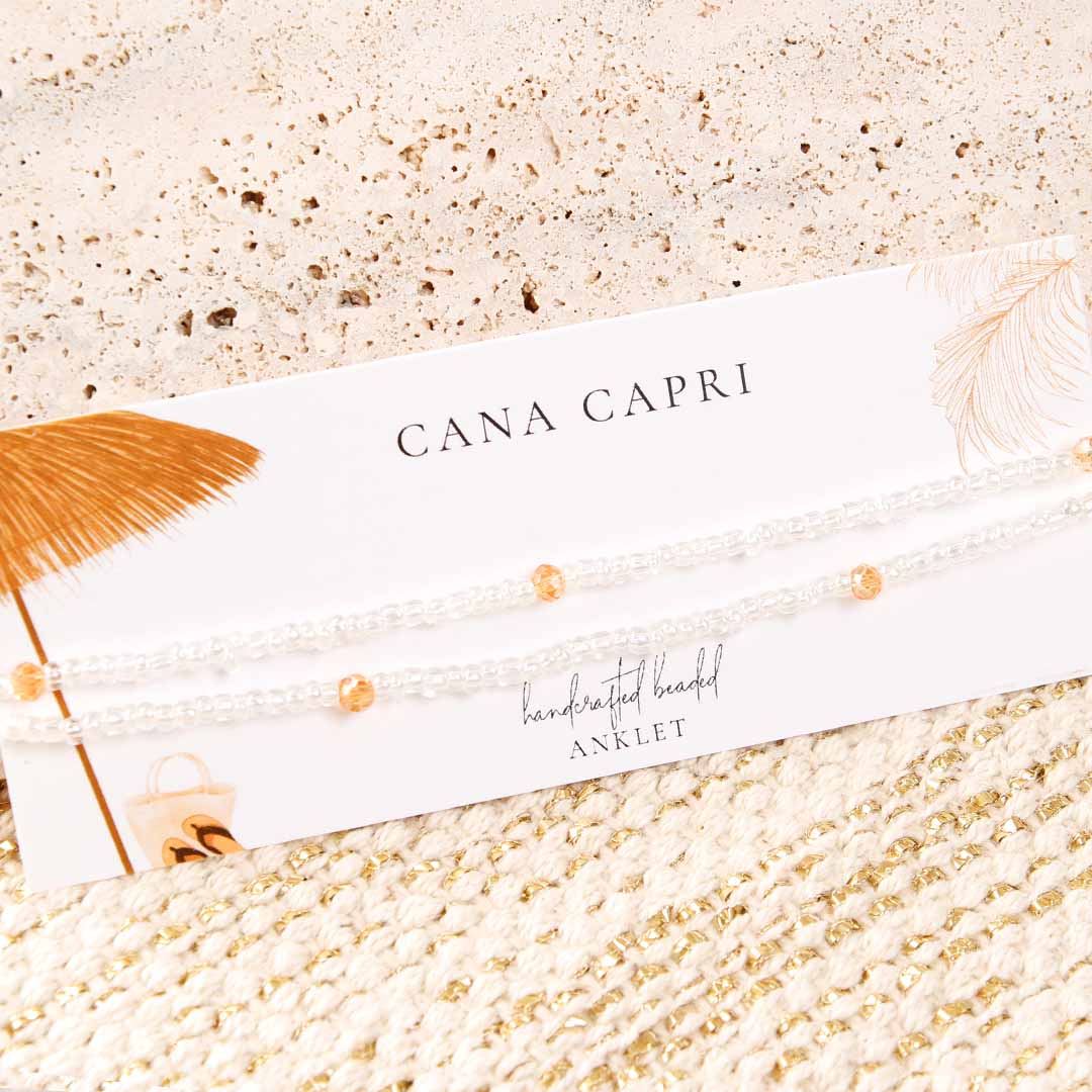 Crystal and Peach Shimmer Beaded Ankle Bracelet - Handmade Artisan Jewelry - Packaging - Cana Capri