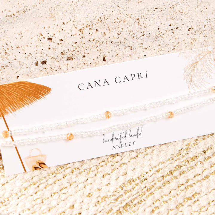 Crystal and Peach Shimmer Beaded Ankle Bracelet - Handmade Artisan Jewelry - Packaging - Cana Capri