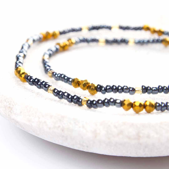 Ebony Gold Beaded Ankle Bracelet - Handmade Artisan Jewelry - Close Up - Cana Capri