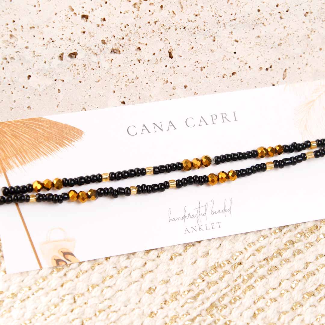 Ebony Gold Beaded Ankle Bracelet - Handmade Artisan Jewelry - Packaging - Cana Capri