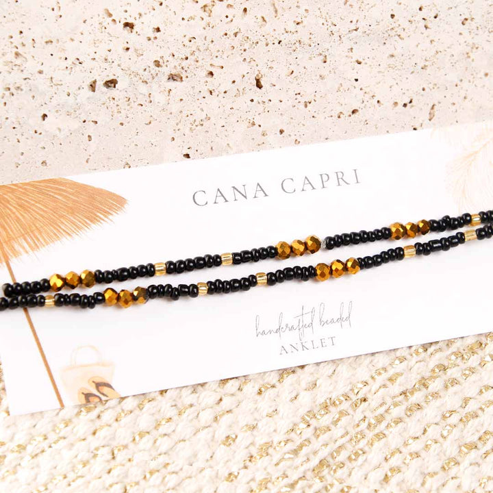 Ebony Gold Beaded Ankle Bracelet - Handmade Artisan Jewelry - Packaging - Cana Capri