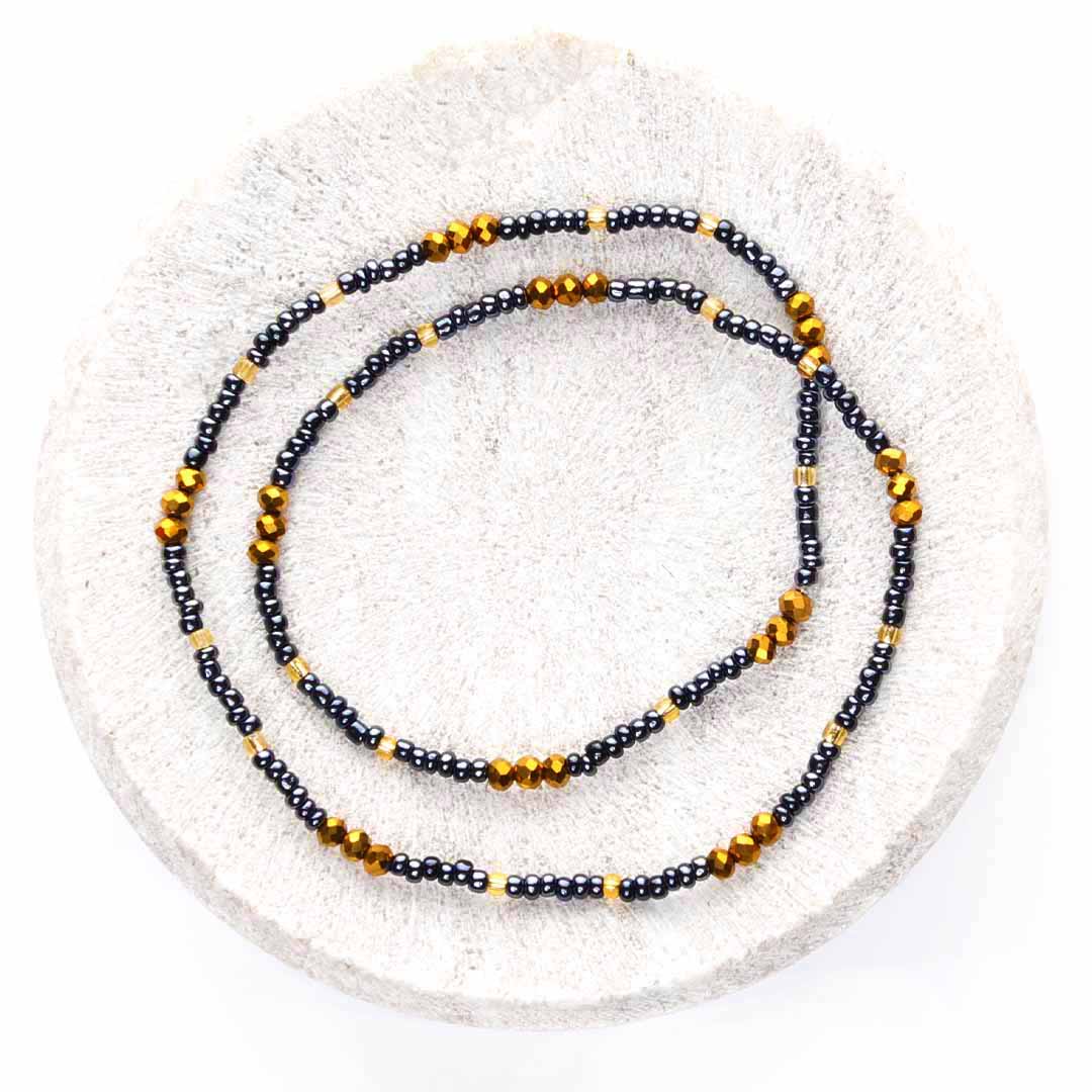 Ebony Gold Beaded Ankle Bracelet - Handmade Artisan Jewelry - Top View - Cana Capri