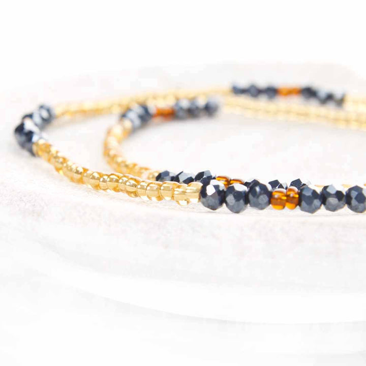 Ebony Sun Beaded Ankle Bracelet - Handmade Artisan Jewelry - Close Up - Cana Capri