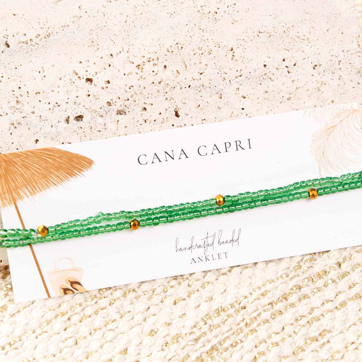 Emerald Sunset Beaded Ankle Bracelet - Handmade Artisan Jewelry - Packaging - Cana Capri