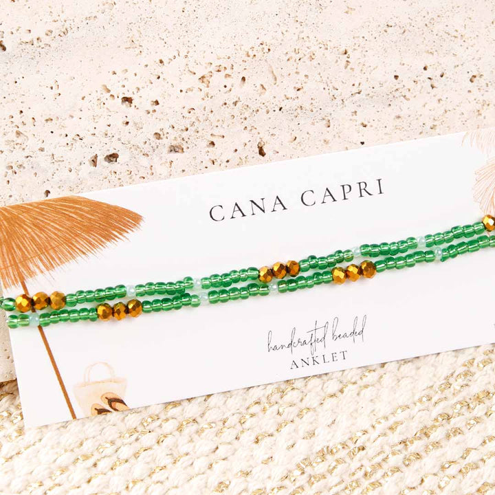 Emerald and Pearl Sunset Beaded Ankle Bracelet - Handmade Artisan Jewelry - Packaging - Cana Capri
