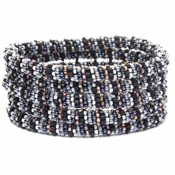 Espresso and Cream Stripe Beaded Bracelet Stack