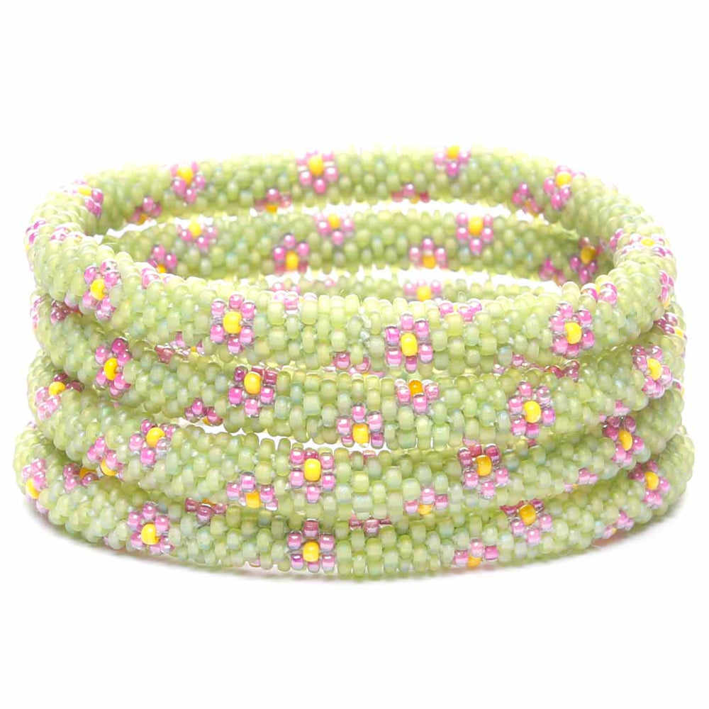 Frosted Lime & Lavender Daisies Beaded Bracelet -Stack
