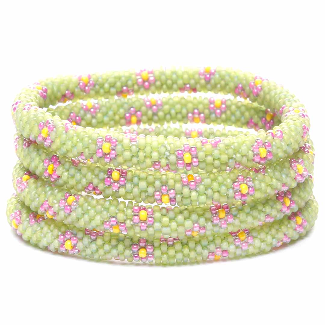 Frosted Lime & Lavender Daisies Beaded Bracelet -Stack