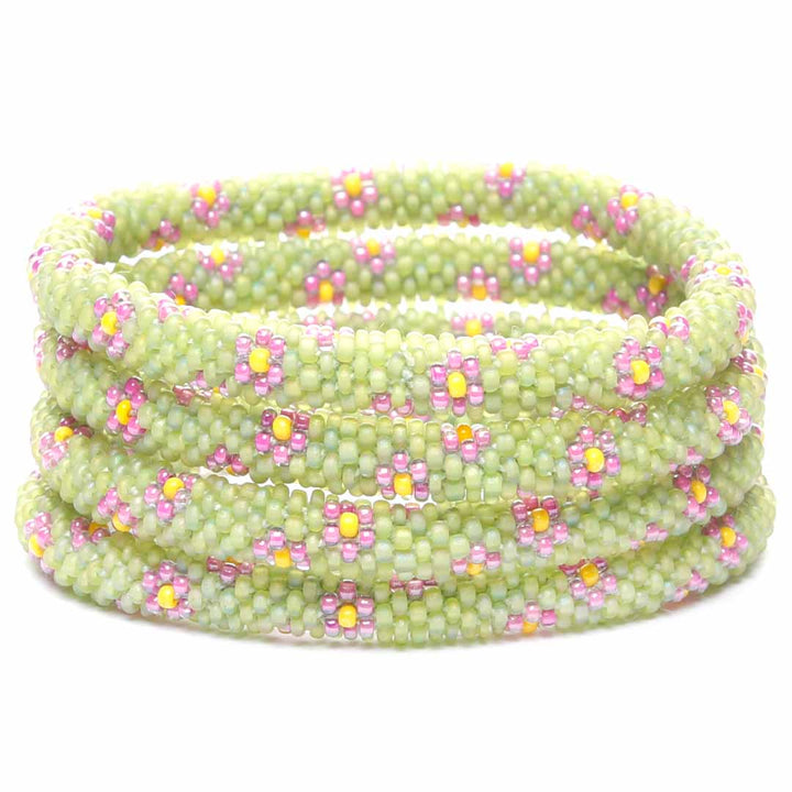 Frosted Lime & Lavender Daisies Beaded Bracelet -Stack