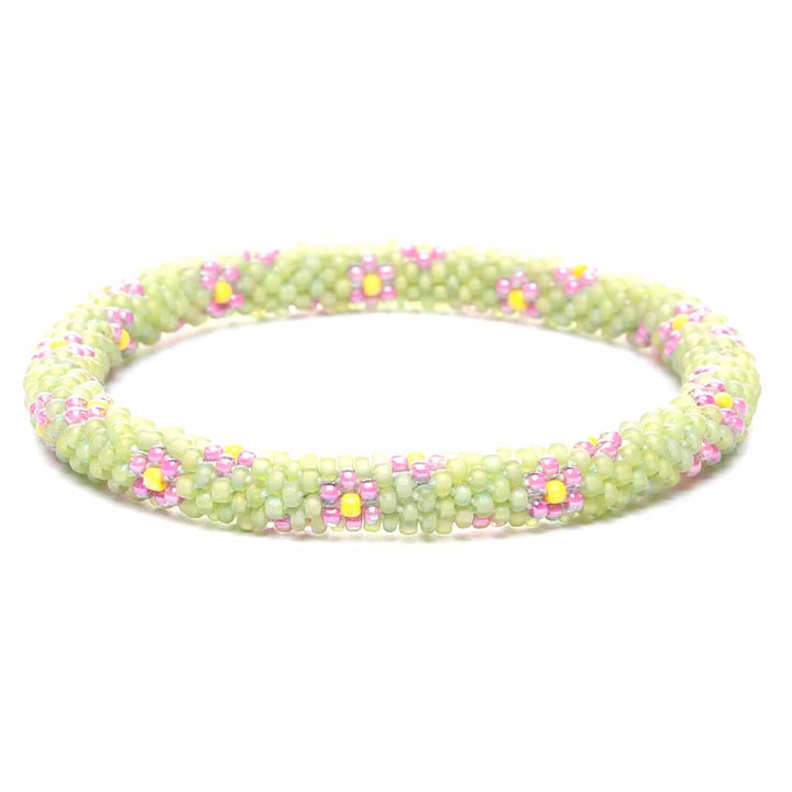 Frosted Lime & Lavender Daisies Beaded Bracelet-Front