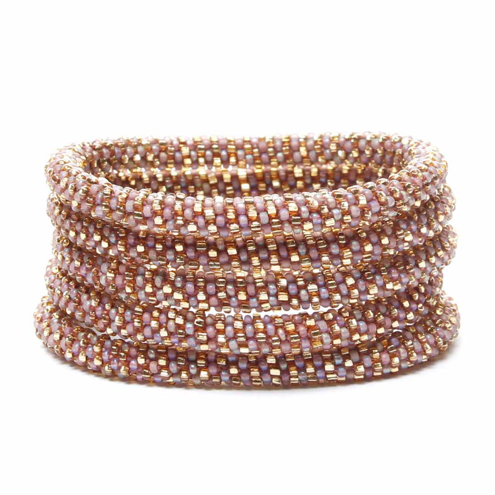 Frosted Mauve and Gold Stripe Beaded Bracelet Stack