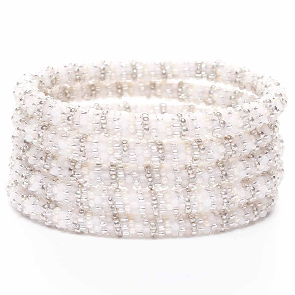 Frosted White & Silver Stripe Beaded Bracelet Stack
