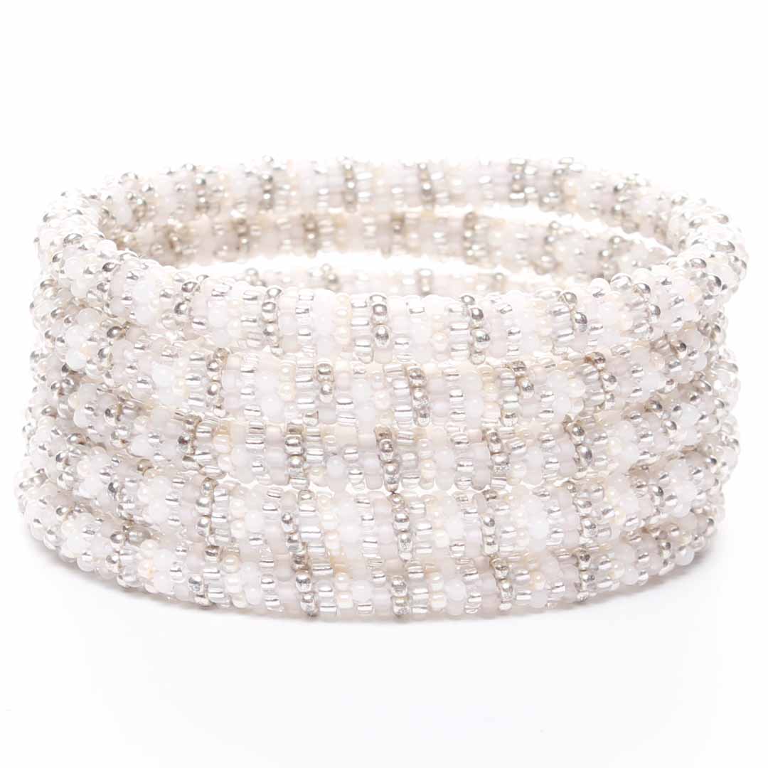 Frosted White & Silver Stripe Beaded Bracelet Stack