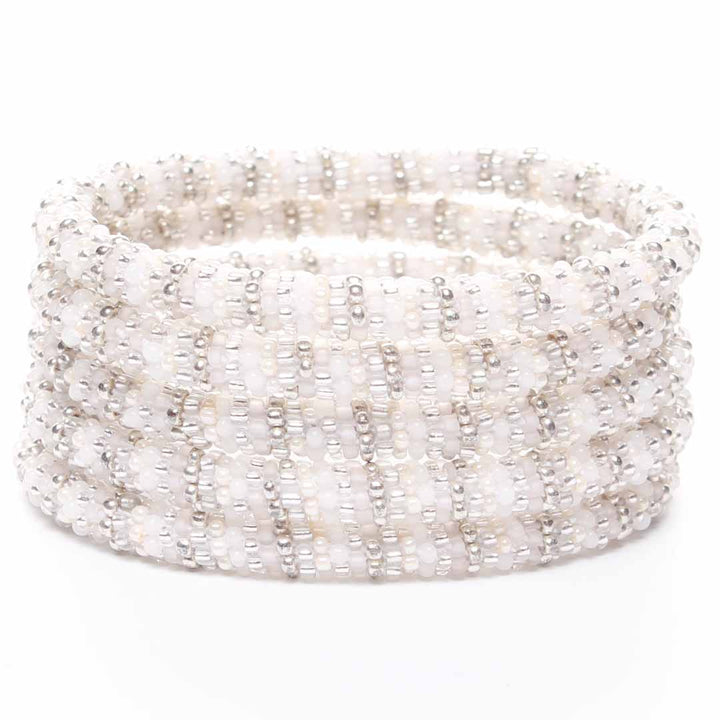 Frosted White & Silver Stripe Beaded Bracelet Stack