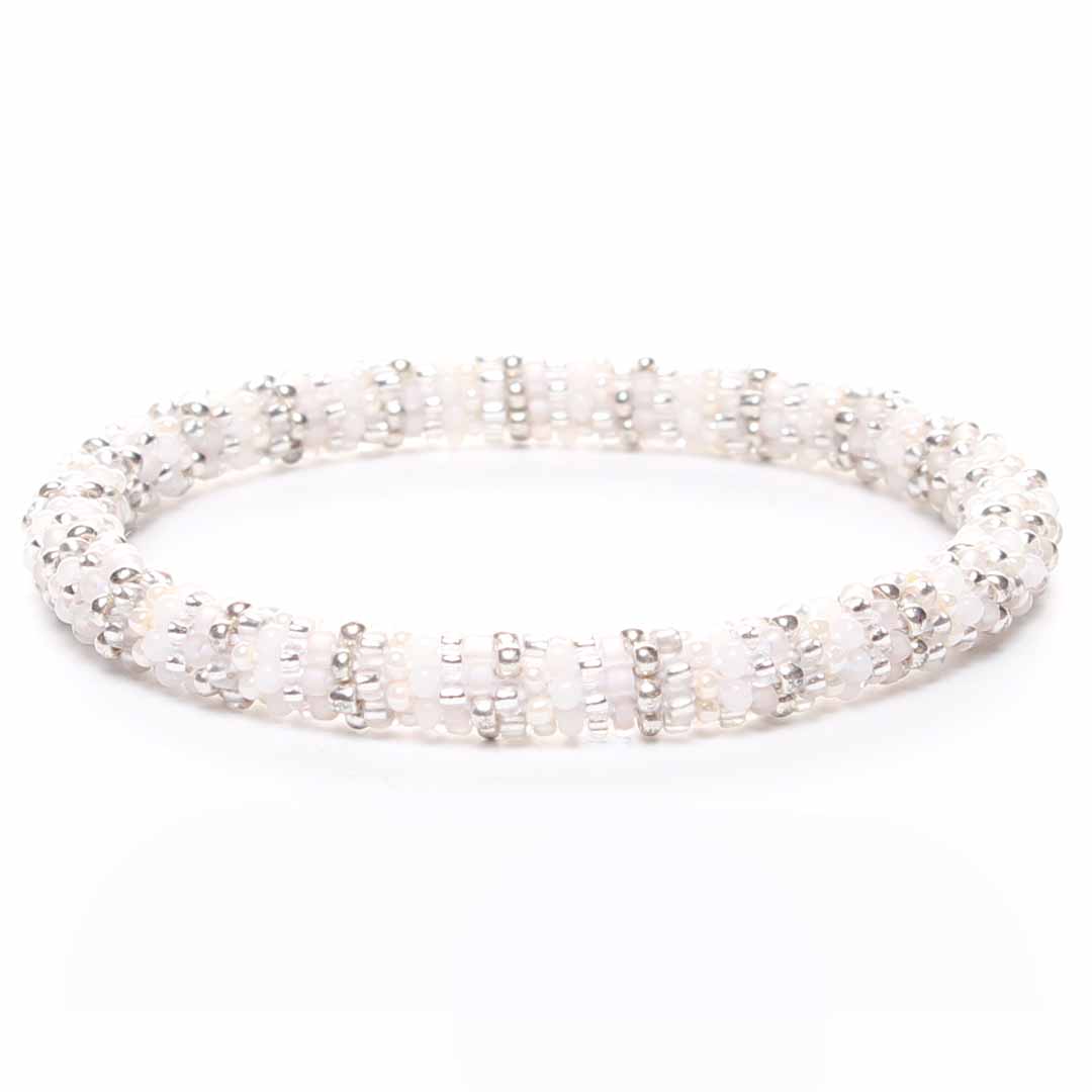 Frosted White & Silver Stripe Beaded Bracelet