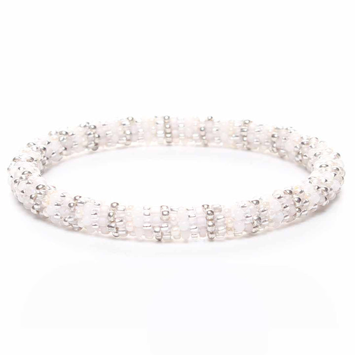 Frosted White & Silver Stripe Beaded Bracelet