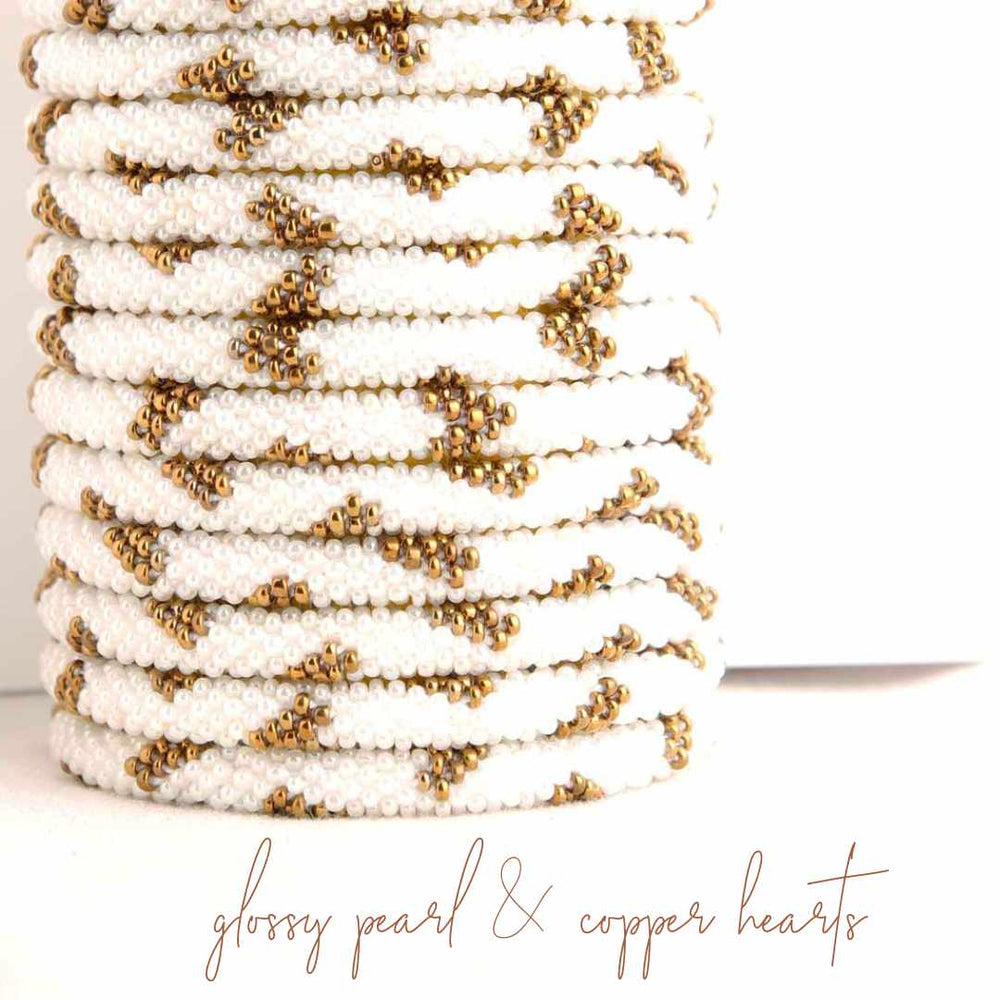 Glossy Pearl & Copper Hearts Handmade Beaded Glass Bead Bracelet Bracelets for Women Jewelry