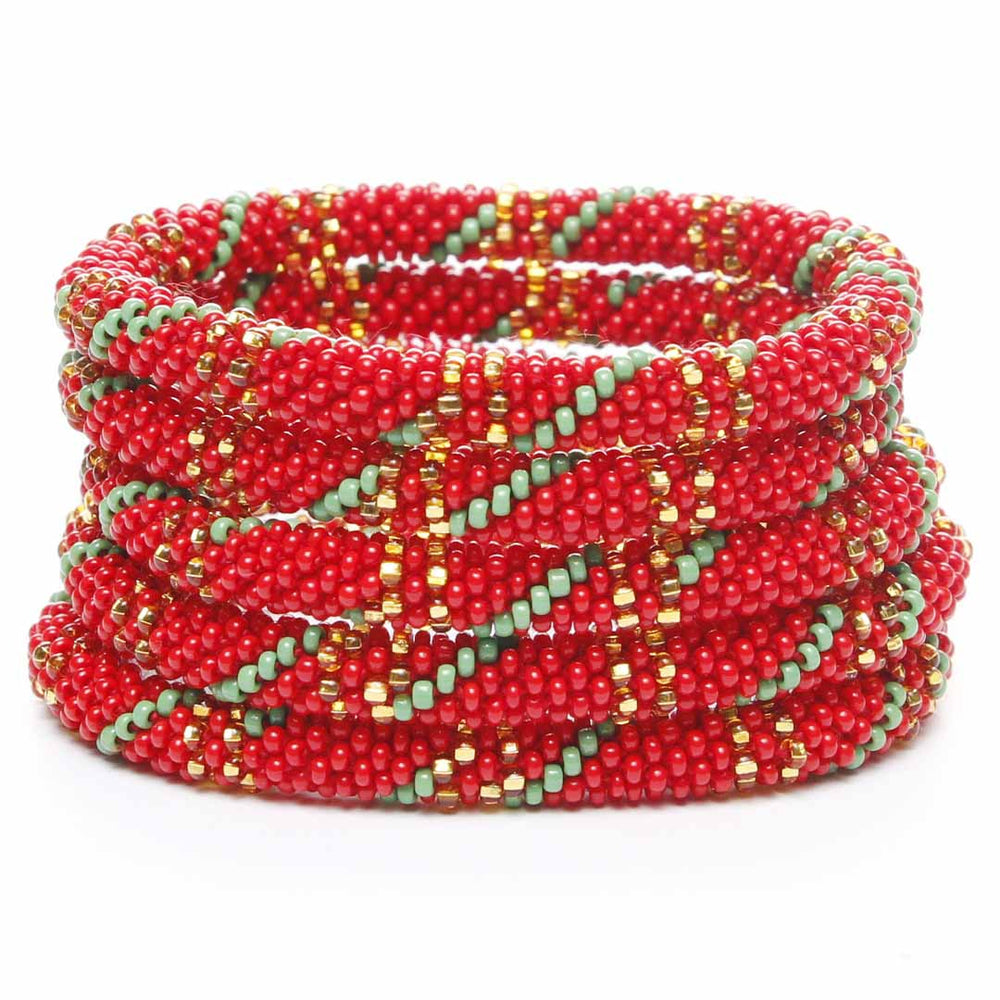 Sparkly Holly Berry Twist Beaded Bracelet Stack