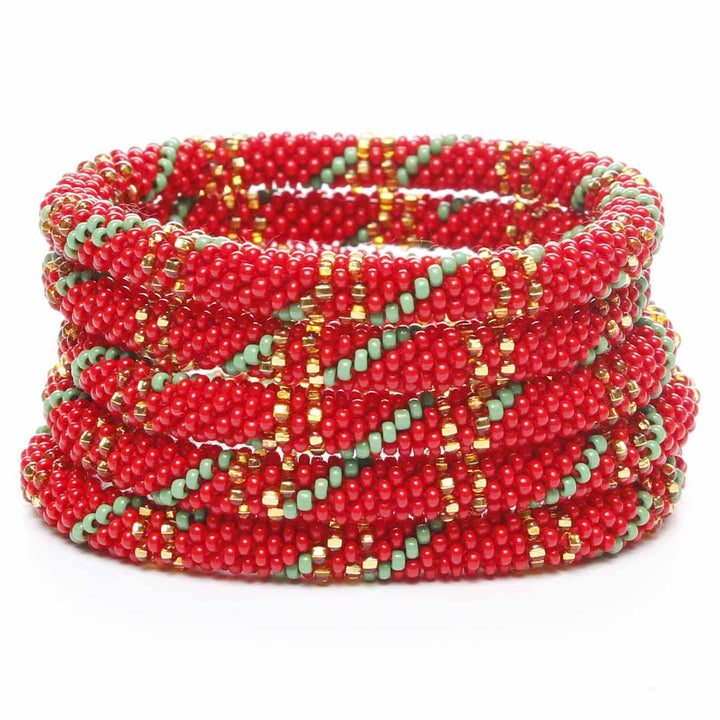 Sparkly Holly Berry Twist Beaded Bracelet Stack