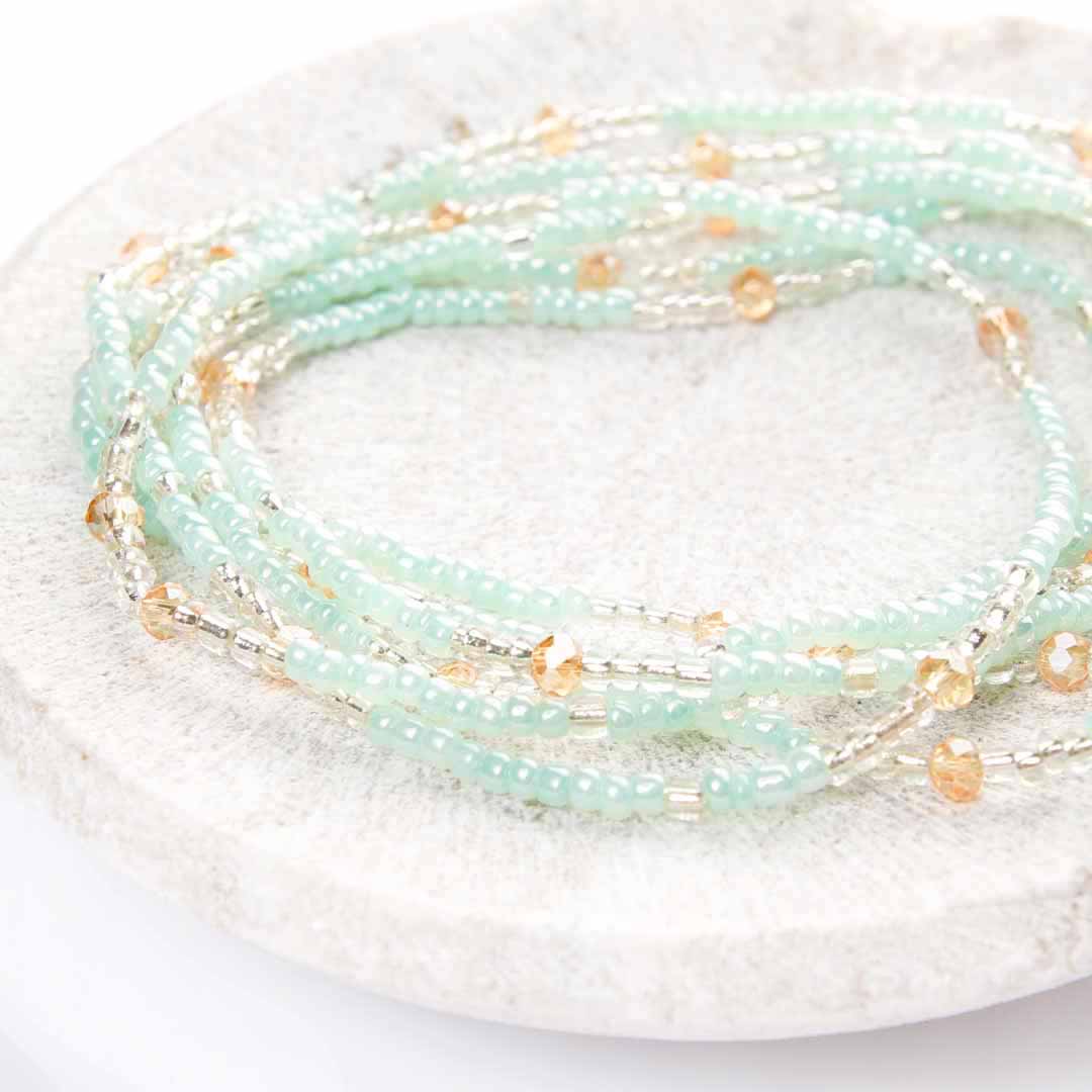 Iced Green Tea Beaded Ankle Bracelet - Handmade Artisan Jewelry - Close Up Stack - Cana Capri